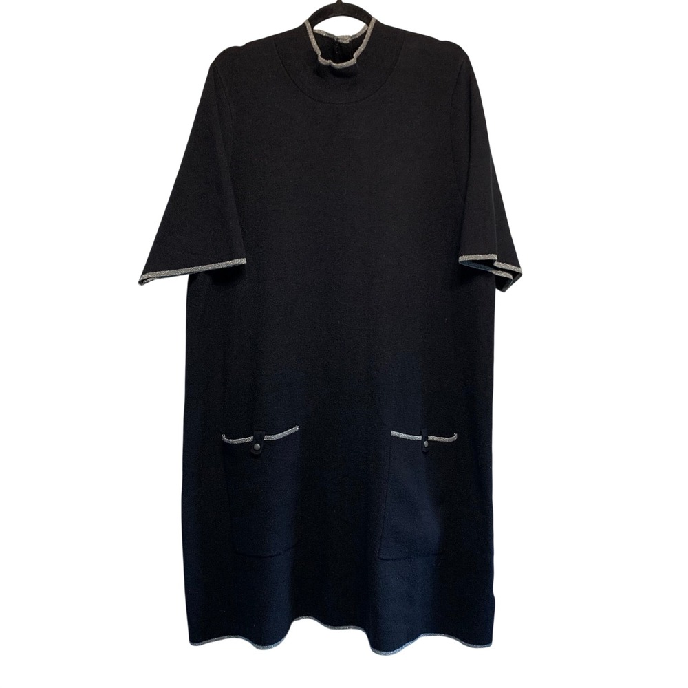 Maeve Knit Dress 2X Black Metallic Trim Mock Neck Pocket Shift Button Anthro